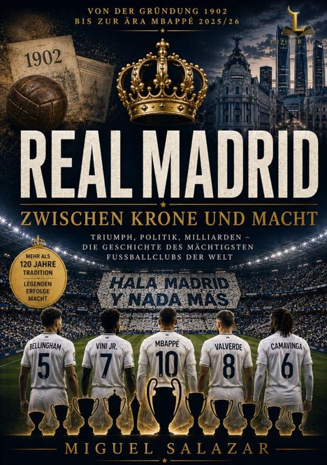 Text: "REAL MADRID: Zwischen Krone und Macht". Fünf Fußballspieler im Stadion, Trophäen unten, Stadtansicht und Krone oben.