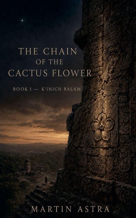 "The Chain of the Cactus Flower, Book I — K’inich Balam, Martin Astra" Eine monumentale Steinskulptur bei Sonnenuntergang.