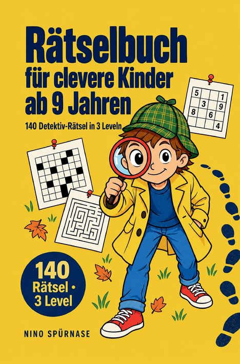 "Rätselbuch für clevere Kinder ab 9 Jahren." Ein Kind mit Lupe und Detektivhut, umgeben von Rätseln.