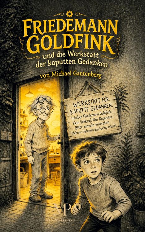 Cover eines Buches: „Friedemann Goldfink und die Werkstatt der kaputten Gedanken“. Alter Mann und Junge vor Werkstatt.