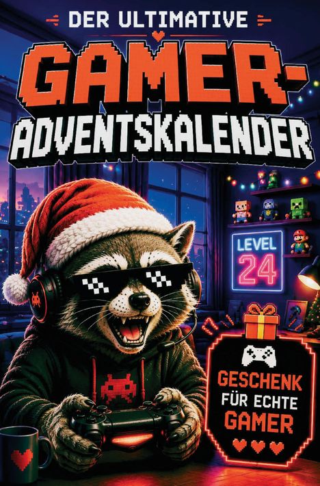 "Der ultimative Gamer-Adventskalender", "Level 24", "Geschenk für echte Gamer". Ein Waschbär mit Sonnenbrille zockt.
