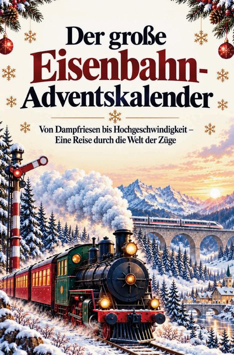 Text: "Der große Eisenbahn-Adventskalender. Von Dampfriesen bis Hochgeschwindigkeit – Eine Reise durch die Welt der Züge." Illustration: Eine Dampflok in verschneiter Gebirgslandschaft.