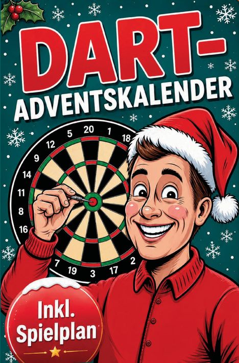 Text: "DART-ADVENTSKALENDER" und "Inkl. Spielplan". Illustration: Fröhliche Person mit Weihnachtsmütze vor einer Dartscheibe.