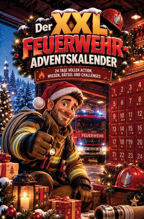 "Der XXL Feuerwehr-Adventskalender" und "24 Tage voller Action, Wissen, Rätsel und Challenges" stehen auf einem weihnachtlichen Schild. Ein fröhlicher Feuerwehrmann in Weihnachtsstimmung zeigt Daumen hoch vor einem Feuerwehrauto und Adventskalender.