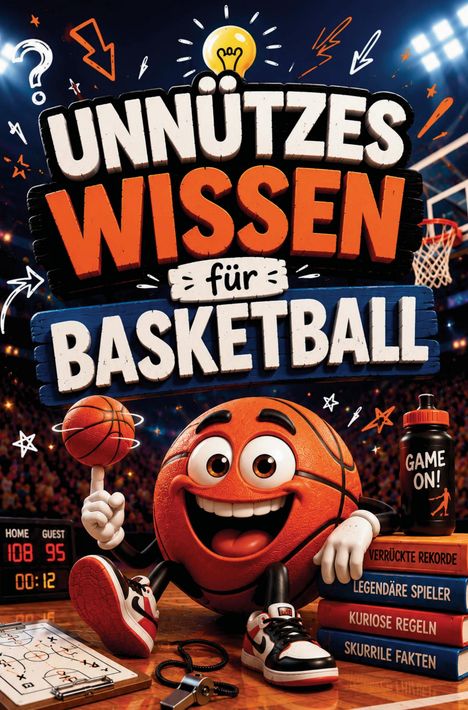 "Unnützes Wissen für Basketball" auf einem bunten, fröhlichen Poster mit einem lachenden Basketball, Büchern und Sportartikeln.