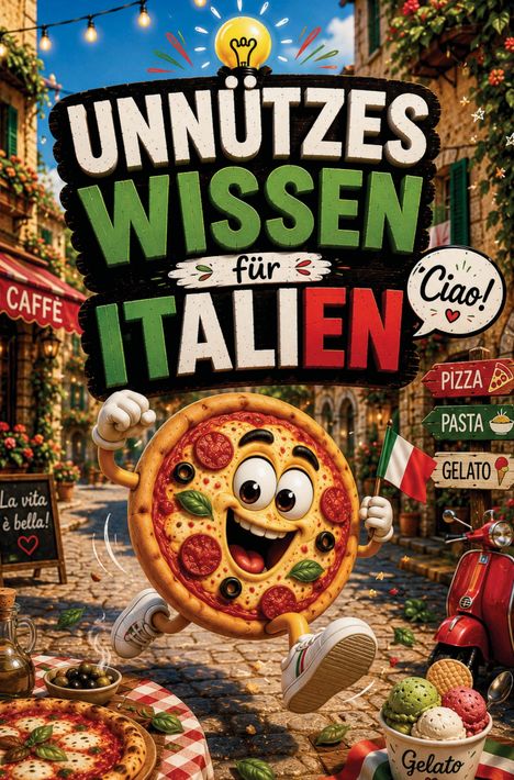 „Unnützes Wissen für Italien“ und „Ciao!“ sind zentrale Texte. Lachende Pizzafigur, italienische Straßenszene mit Vespa.