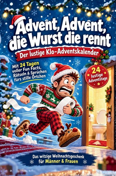 „Advent, Advent, die Wurst die rennt“ zeigt einen Mann in Weihnachtspullover, der eilig mit Toilettenpapier läuft.