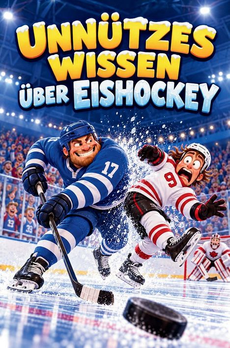 „UNNÜTZES WISSEN ÜBER EISHOCKEY“ steht über zwei animierten Eishockey-Spielern. Spieler in Blau und Weiß rempelt Spieler.