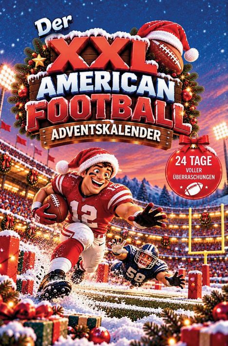 "Der XXL American Football Adventskalender. 24 Tage voller Überraschungen." Ein fröhlicher Spieler in Weihnachtskleidung läuft im Stadion.