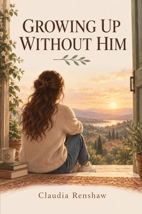 "Growing Up Without Him" und "Claudia Renshaw". Frau sitzt in Tür, guckt auf Sonnenuntergang über Hügeln und Häusern.