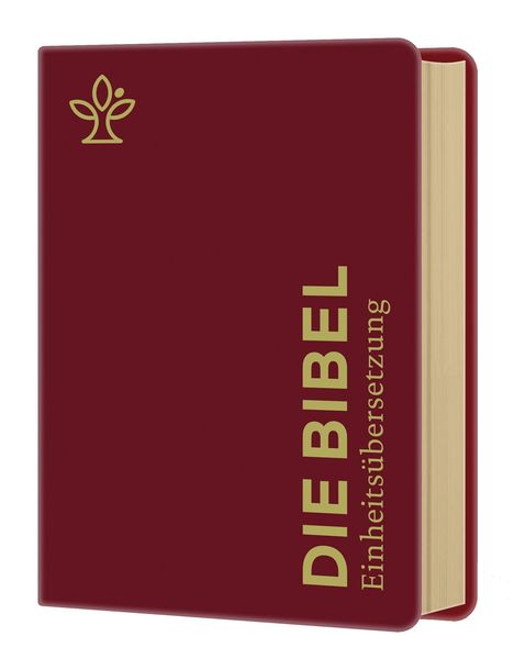 Text: "DIE BIBEL. Einheitsübersetzung". Ein schlichtes, rotes Buch mit einem goldenen Pflanzenlogo.