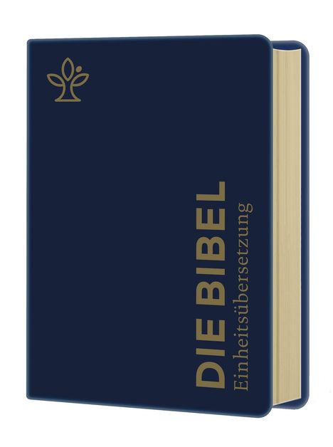 Text: "DIE BIBEL Einheitsübersetzung". Dunkelblaues Buchcover mit goldener Schrift. Oben links ein stilisiertes Logo.