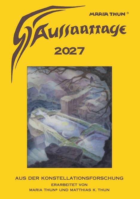 Titel: "Aussaattage 2027". Illustration: Fantasielandschaft mit Bäumen und Flüssen. Gelber Hintergrund.