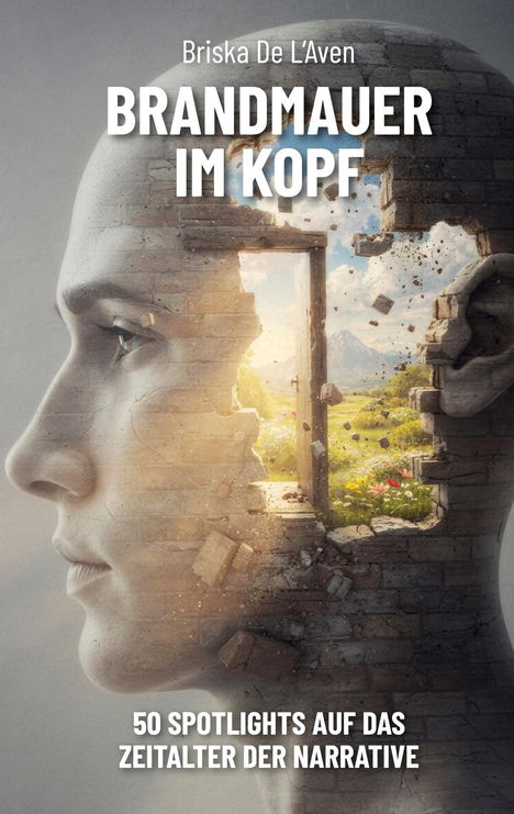 „BRANDMAUER IM KOPF“, „50 SPOTLIGHTS AUF DAS ZEITALTER DER NARRATIVE“. Profil eines Kopfes mit Mauerdurchbruch zu Landschaft.
