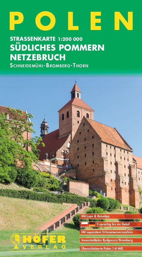 "Polen" in Gelb, Straßenkarte Südliches Pommern, Bild einer Backsteinburg unter blauem Himmel, Logo "Höfer Verlag".