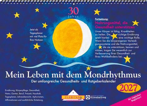 "Mein Leben mit dem Mondrhythmus", Gesundheits- und Ratgeberkalender 2027, blaue Nacht mit gelbem Mond und Sternen.