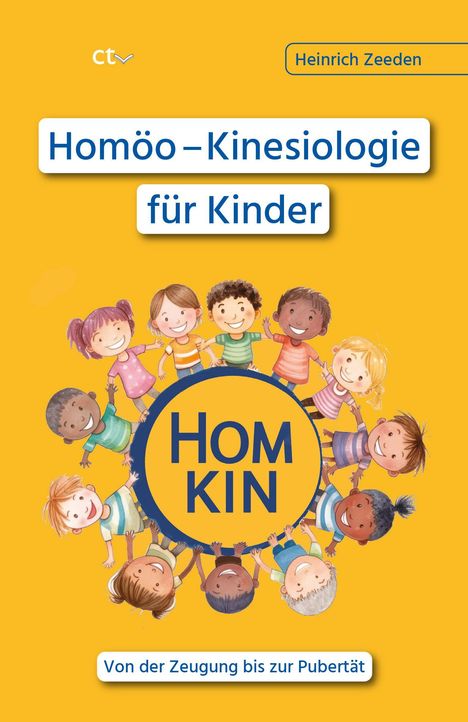 „Homöo-Kinesiologie für Kinder“, „Von der Zeugung bis zur Pubertät“, Illustration mit fröhlichen Kindern im Kreis.