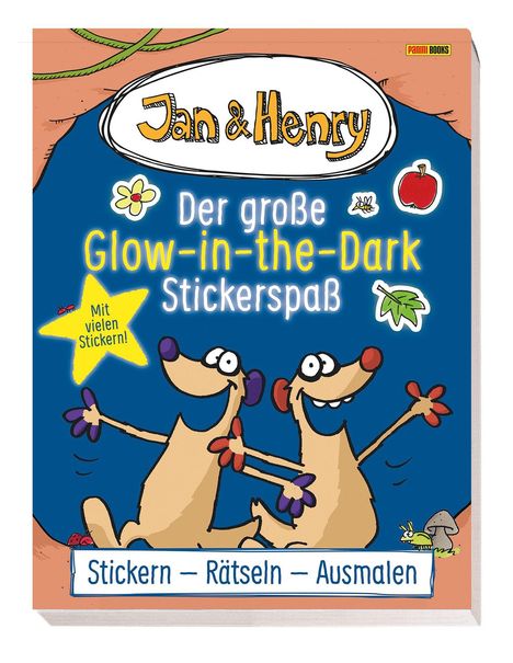 Text: "Jan & Henry. Der große Glow-in-the-Dark Stickerspaß. Mit vielen Stickern! Stickern – Rätseln – Ausmalen."

Illustration von zwei fröhlichen Figuren auf blauem Hintergrund.