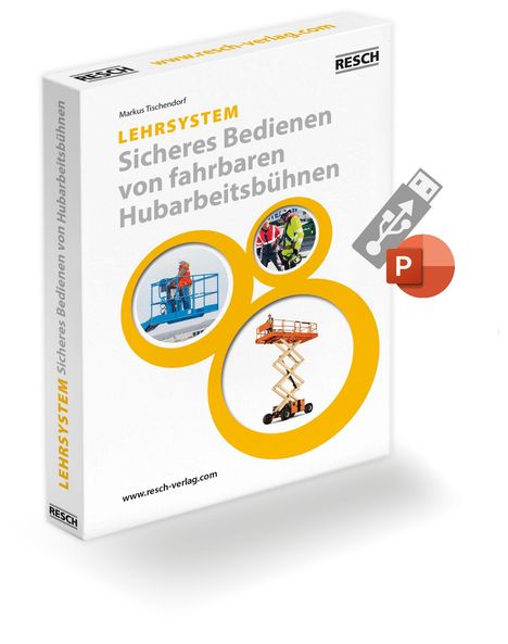 Lehrsystem für sicheres Bedienen von Hubarbeitsbühnen, mit Bildern von Bühnen und einem USB-Symbol.