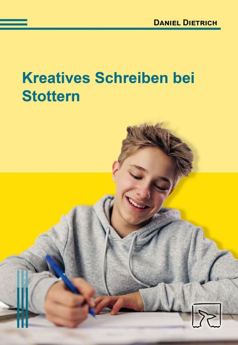 „Kreatives Schreiben bei Stottern“ von Daniel Dietrich. Ein lächelnder Junge in grauem Hoodie schreibt mit blauem Stift.