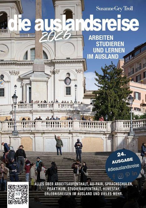 "diese auslandsreise 2026: Arbeiten, Studieren und Lernen im Ausland" vor einer Treppe mit vielen Menschen und historischen Gebäuden.