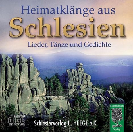 „Heimatklänge aus Schlesien: Lieder, Tänze und Gedichte.“ Bild zeigt Felsenlandschaft im Hintergrund, Logo unten rechts.