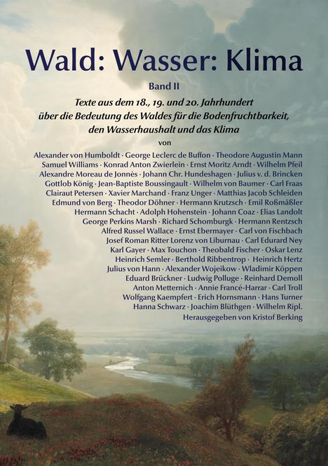 Cover mit dem Titel "Wald: Wasser: Klima Band II" und einer Liste von Autoren. Unten ein malerisches Landschaftsgemälde.