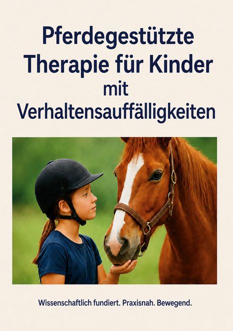 "Pferdegestützte Therapie für Kinder mit Verhaltensauffälligkeiten. Wissenschaftlich fundiert. Praxisnah. Bewegend." Darunter ein Kind mit Helm und ein Pferd, das aufmerksam schaut.