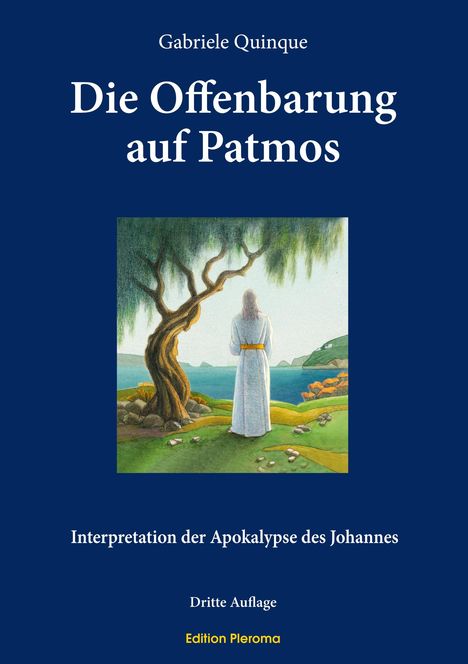 „Die Offenbarung auf Patmos“ von Gabriele Quinque. 
Illustration: Person in weißen Gewändern am Meer unter einem Baum.