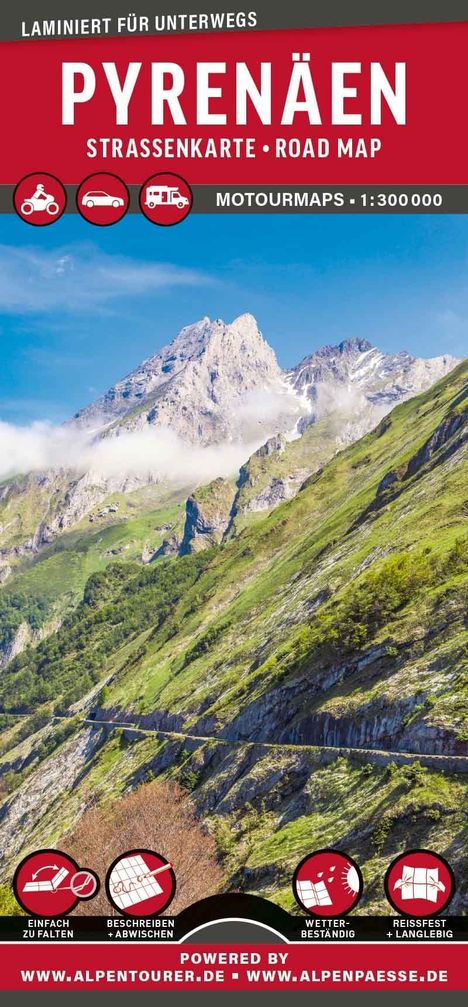 "PYRENÄEN STRASSENKARTE · ROAD MAP, MOTOURMAPS 1:300 000" vor Berglandschaft und Funktionen wie wetterbeständig.