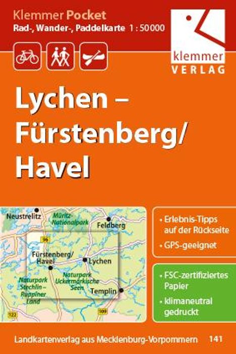 Klemmer Pocket Rad-, Wander- und Paddelkarte Lychen - Fürstenberg/Havel 1 : 50 000, Karten