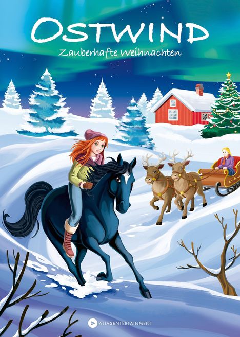 Text: "OSTWIND Zauberhafte Weihnachten". Eine Illustration von einem Mädchen reitet ein schwarzes Pferd im Schnee.