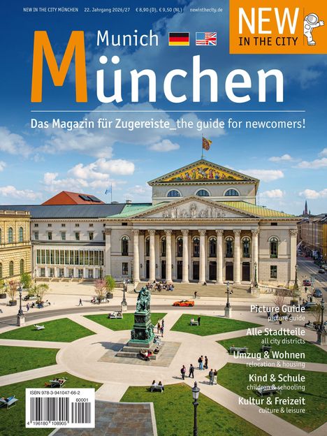 Titel: Munich München. "Das Magazin für Zugereiste_the guide for newcomers!" Historisches Gebäude mit Statue im Vordergrund.