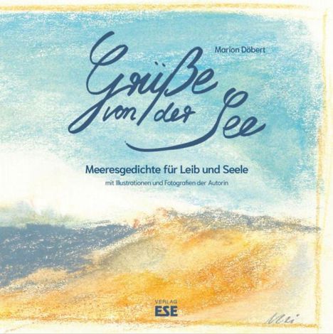 "Grüße von der See" in blauer Schrift, darunter "Meeresgedichte für Leib und Seele". Sanfte Blau- und Gelbtöne.