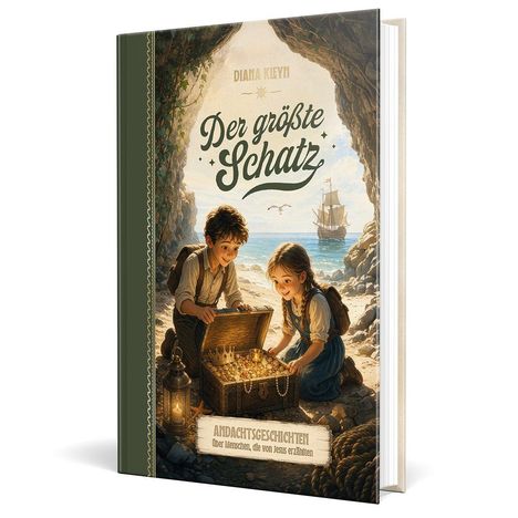 Der Text „Der größte Schatz“ und „Andachtsgeschichten über Menschen, die von Jesus erzählten“. Zwei Kinder entdecken eine Schatztruhe in einer Höhle, mit Meer und Segelschiff im Hintergrund.