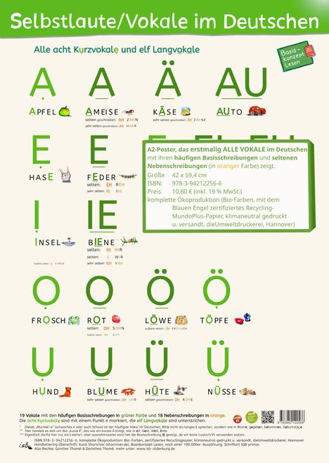 "Die Vokale im Deutschen" zeigt Vokale A, Ä, AU, E, EI, EU, I, IE, O, Ö, U, Ü mit Bildern wie Apfel, Hase, Löwe.