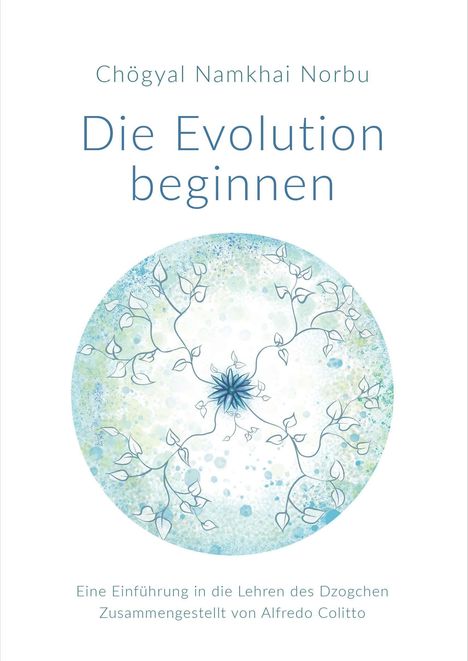 „Die Evolution beginnen“, Illustration mit blauen Zweigen und Blättern in einem Kreis auf weißem Hintergrund.