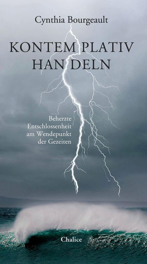 Buchtitel: "KONTEMPLATIV HANDLEN". Untertitel: "Beherzte Entschlossenheit am Wendepunkt der Gezeiten". Ozeanwelle mit Blitz.