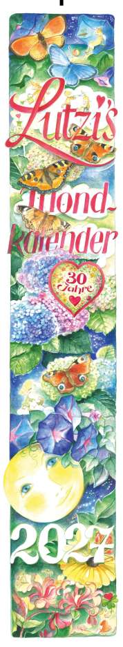 Farbenfrohe Illustration: "Lutzi's Mond Kalender", "30 Jahre", "2027". Schmetterlinge, Blumen, lächelnder Mond.