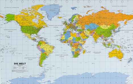 Text: "Die Welt". Eine farbige Weltkarte mit Ländergrenzen, Ozeanen und Längen-/Breitenlinien.