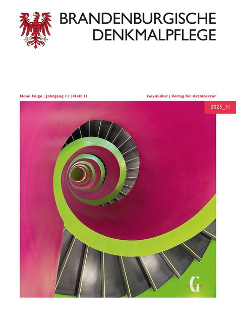 "Brandenburgische Denkmalpflege", rote Spiraltreppe mit grünem Geländer in dynamischer Ansicht, Adler-Logo oben.