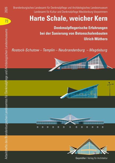 Text: "Harte Schale, weicher Kern" über Architektur. Bunte geometrische Illustrationen von Gebäuden auf farbigen Hintergründen.