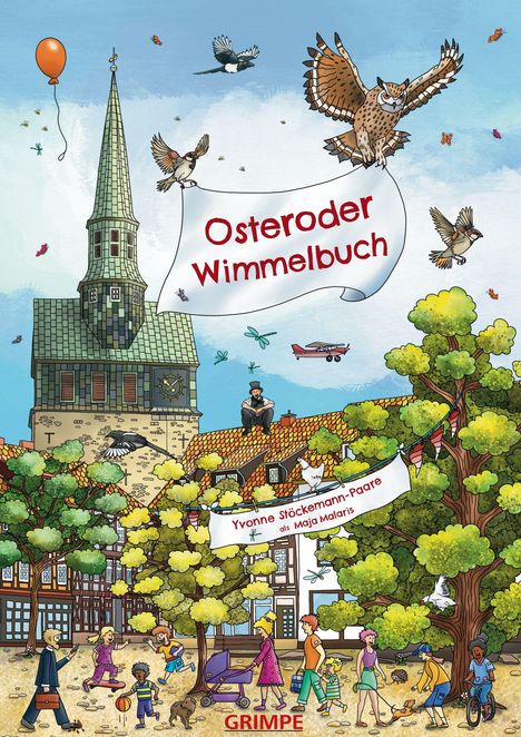 "Osteroder Wimmelbuch." Eine bunte Illustration einer geschäftigen Stadtszene mit Kirchturm, Tieren und Menschen.