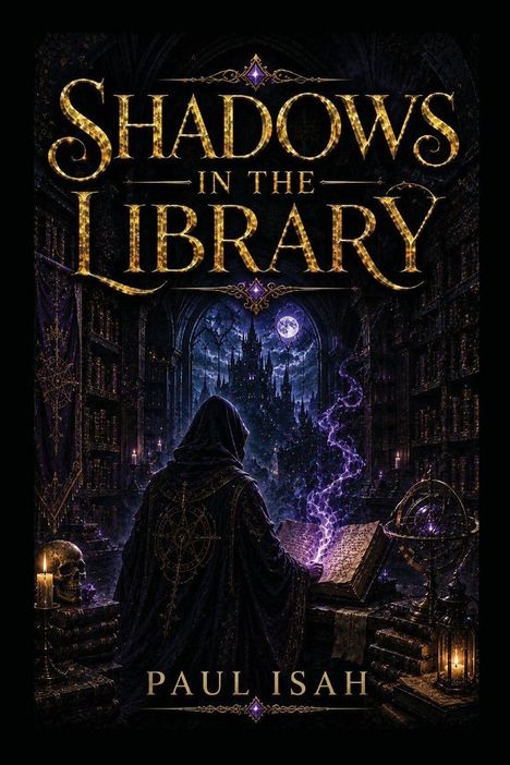"Shadows in the Library" und "Paul Isah". Eine mystische Bibliothek mit einem Kapuzenträger, Magie und voller Bücher.