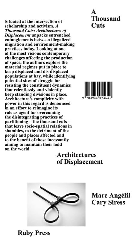 "A Thousand Cuts: Architectures of Displacement" mit einem Bild von Kabelbindern und Namen der Autoren Marc Angélil, Cary Siress.