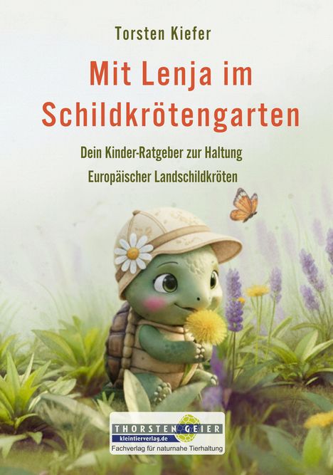 "Mit Lenja im Schildkrötengarten" - Kinder-Ratgeber zur Haltung Europäischer Landschildkröten. Illustration: Schildkröte mit Blume.