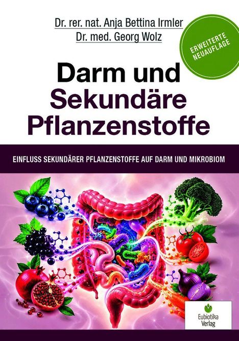 Titel: "Darm und Sekundäre Pflanzenstoffe". Illustration von Darm, Beeren, Brokkoli, Tomate, Zwiebel umgeben von farbigen Verbindungen.