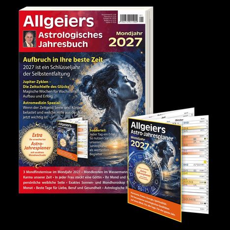 "Allgeiers Astrologisches Jahresbuch" und "Allgeiers Astro-Jahresplaner Mondjahr 2027" mit einem Porträt einer Frau im Profil.