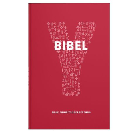 BIBEL, NEUE EINHEITSÜBERSETZUNG. Rotes Cover, großes Y aus kleinen christlichen Symbolen.