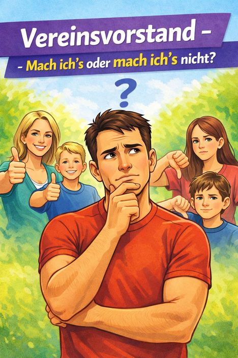 „Vereinsvorstand – Mach ich’s oder mach ich’s nicht?“ Illustration: Nachdenklicher Mann, Daumen hoch, Daumen runter.